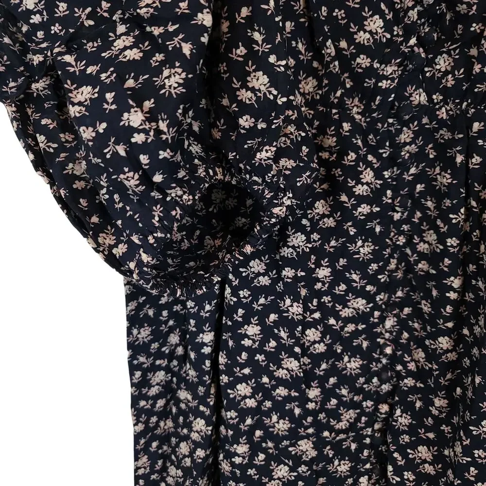 New Joie Galani Navy Floral Balloon Sleeve Cinched Waist Button Dress, Large NWT